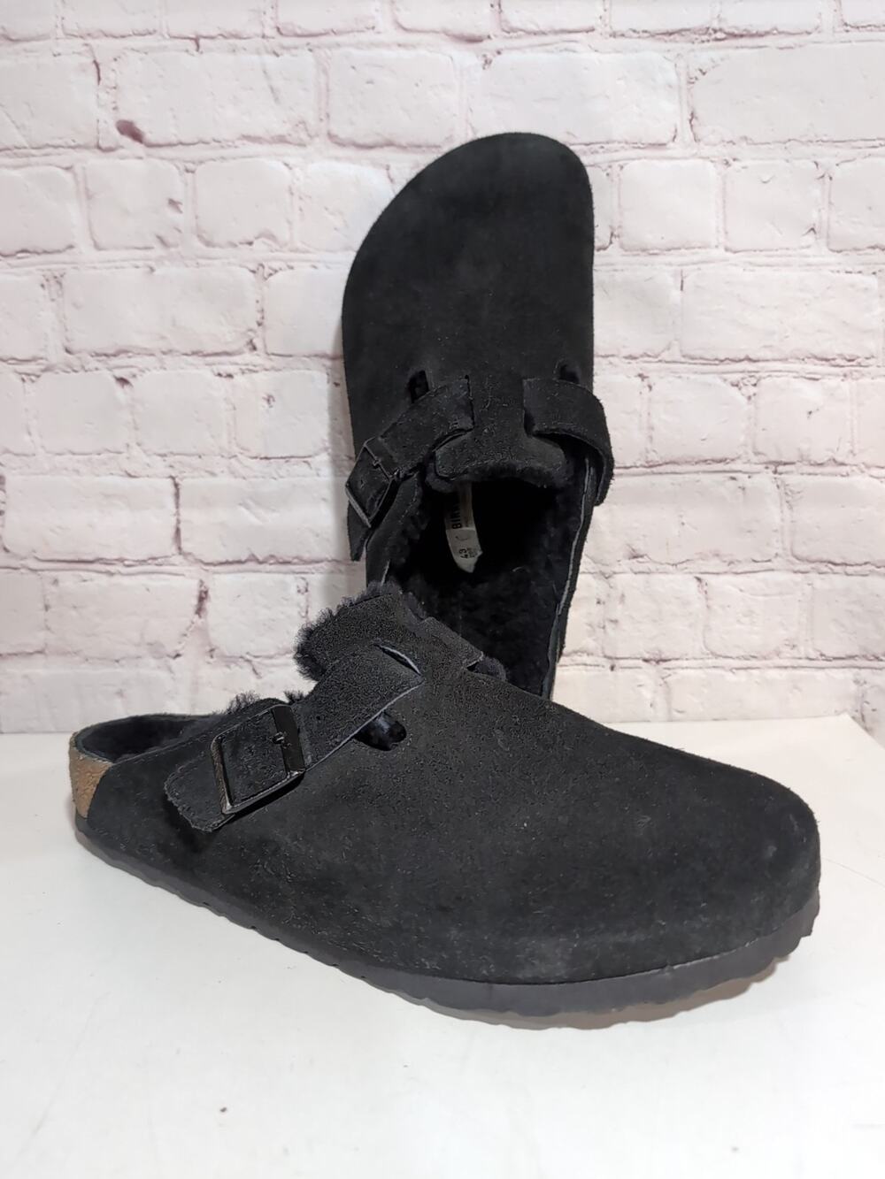 Birkenstock Boston Sz 10 Shearling Black Suede Shearling Lined Men's Clog Shoes